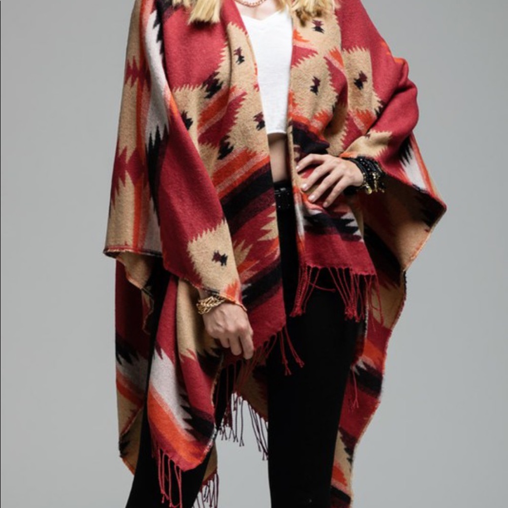 Western Print Ruana Poncho Red - Picture 2 of 4